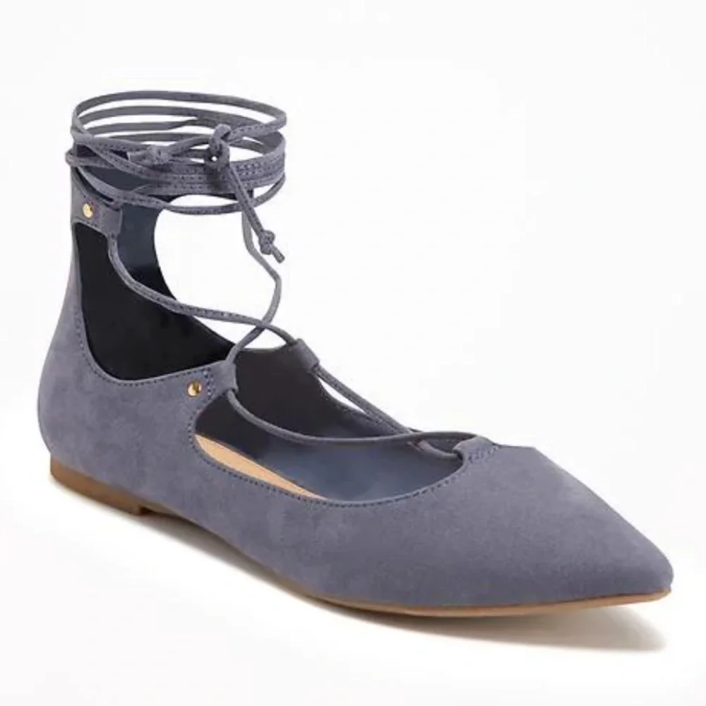 Old Navy Faux Suede Ghillie Lace-Up Ballerina Pointed Toe Strappy Flats in Dusk
